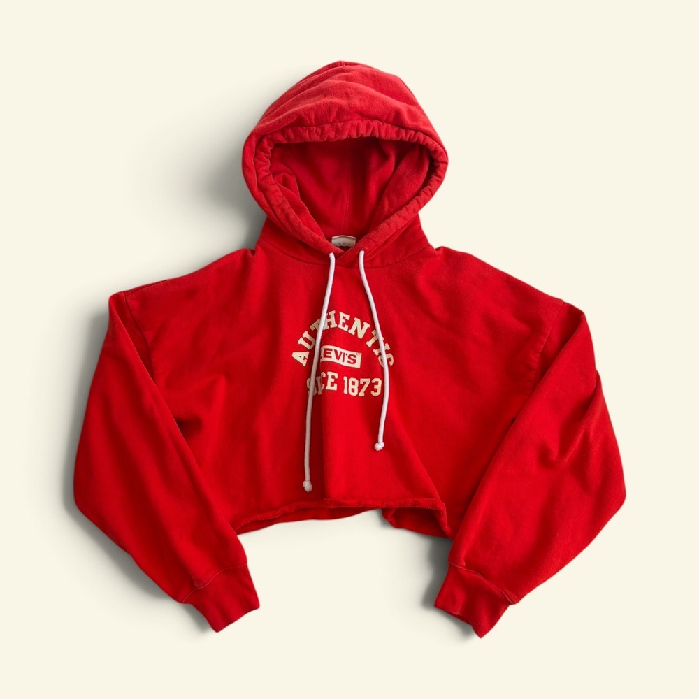 Levis Graphic Leo Cropped Hoodie Women's Small Red Boxy Sweatshirt Raw Hem Skate